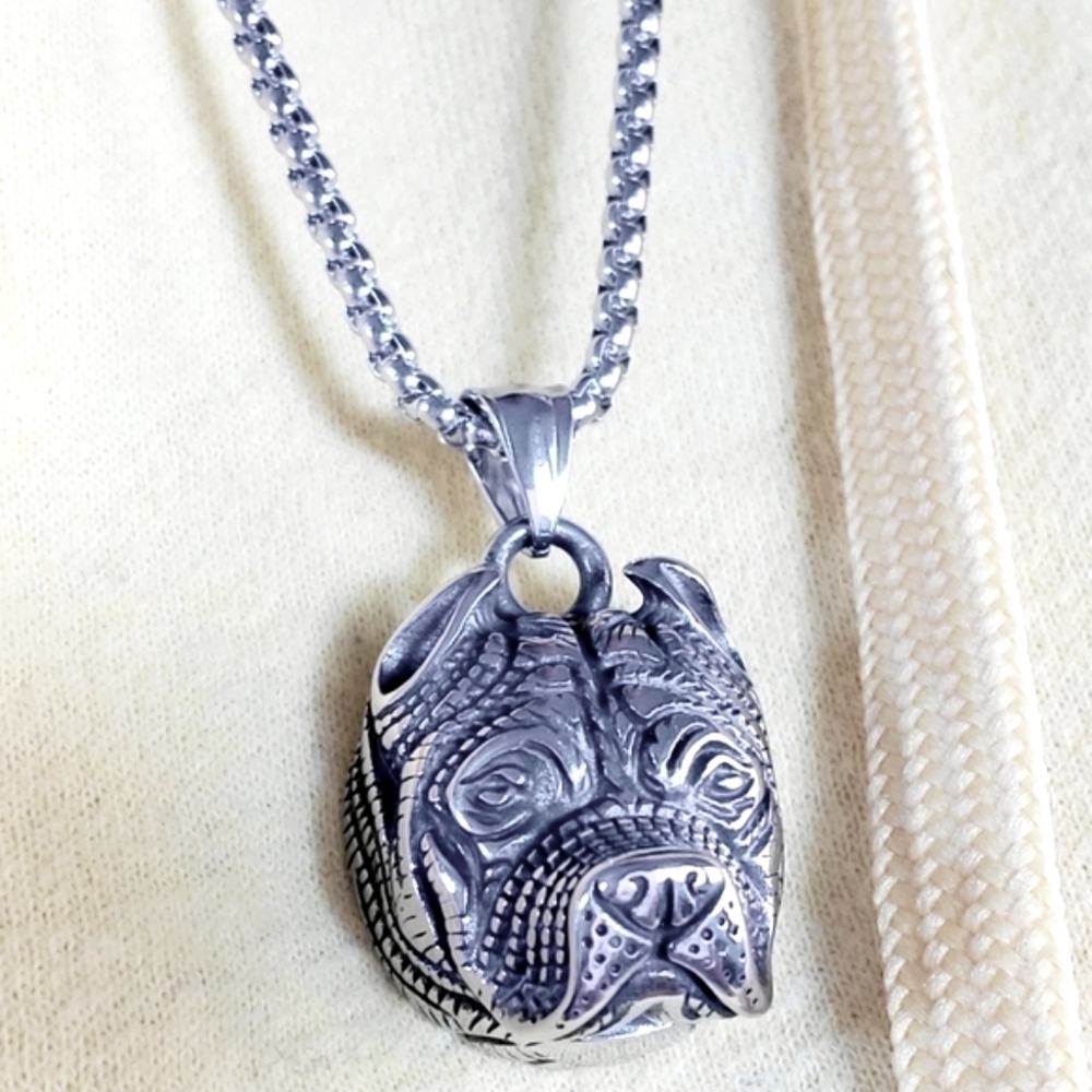 Bulldog Necklace Earrings Set Stainless Steel Silver - Picture 6 of 7
